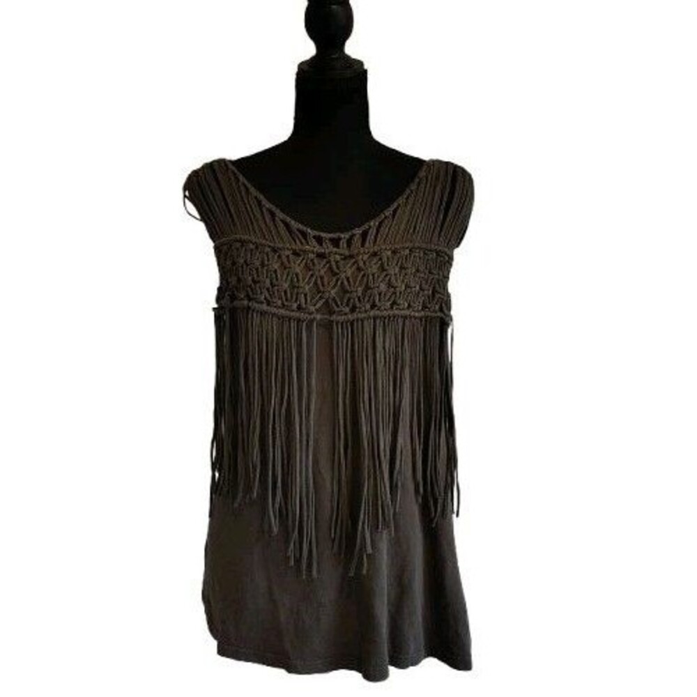 ​MÜR MÜR Macramé Fringe Tank Top Women’s Large Charcoal Gray Sleeveless Boho...